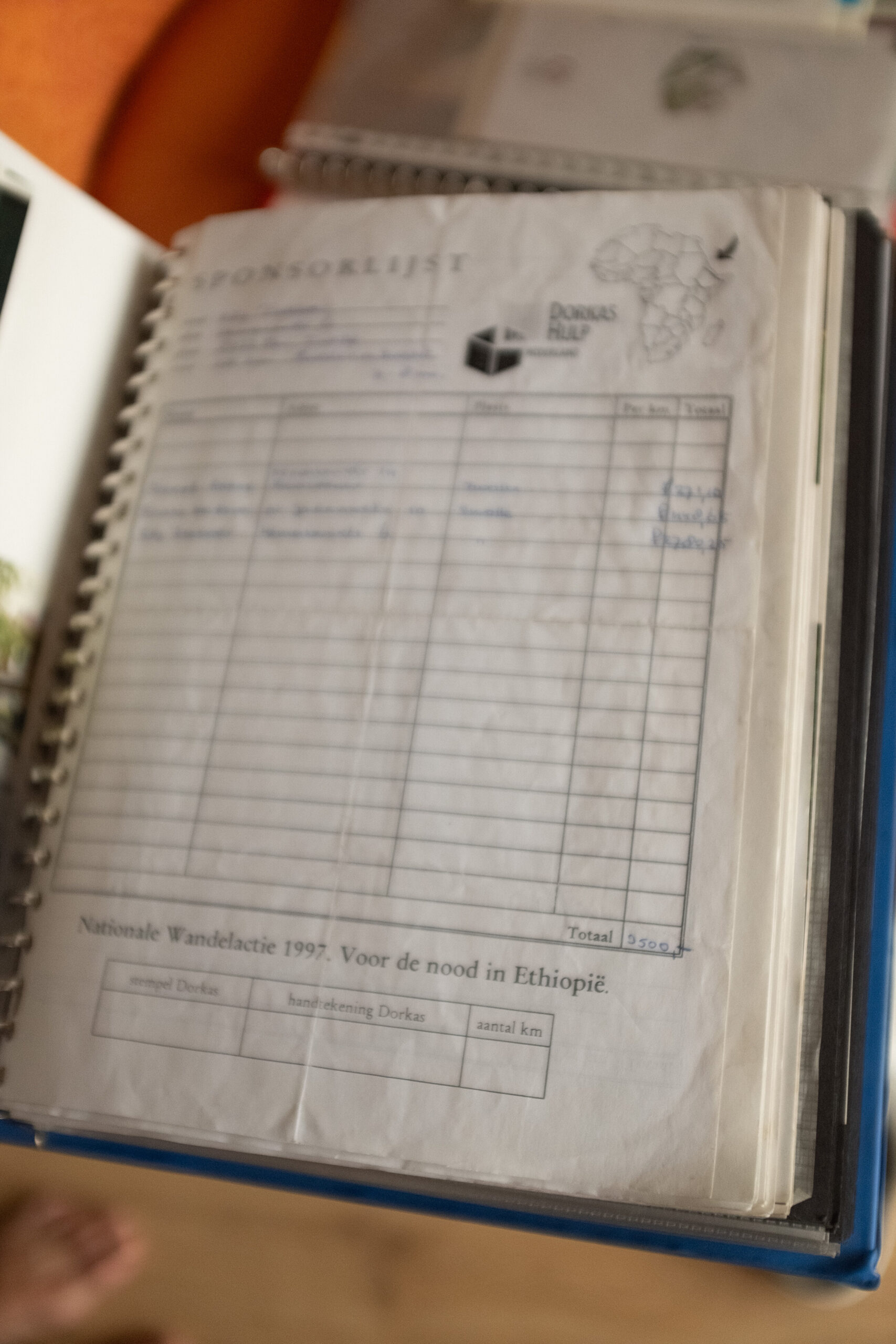 Sponsorlijst van de Nationale Wandelactie 1997. Hilly haalde 9500 gulden op.